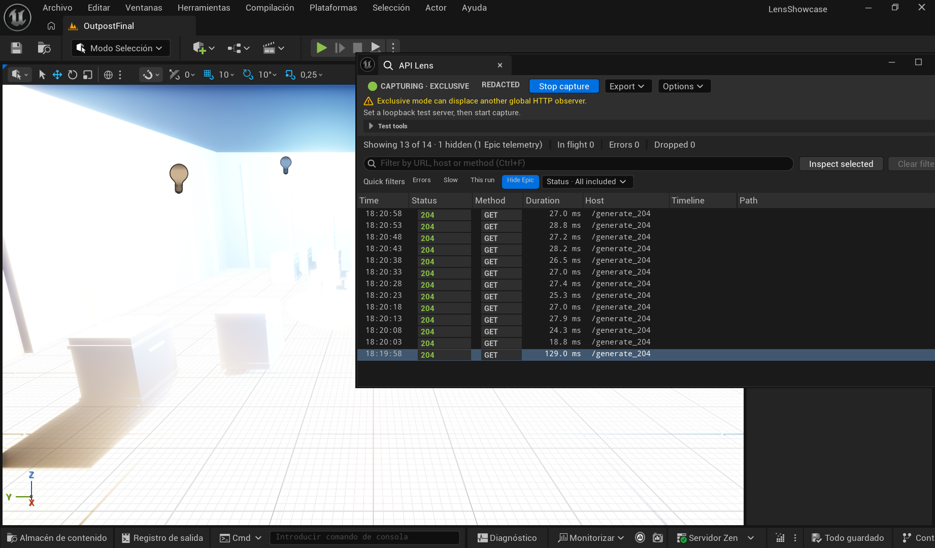 API Lens dashboard displaying captured HTTP requests inside Unreal Editor